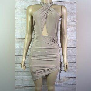 Saints 21 Women Beige Halter Stretch Party Evening Midi Dress Size S